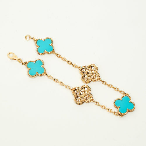 Bracelet Van Cleef & Arpels Vintage Alhambra - Bracelet 5 motifs en or jaune, turquoise et diamants 58 Facettes