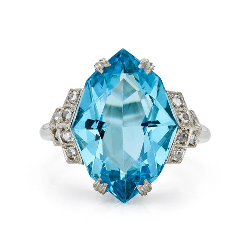 Bague Art déco - Bague en or blanc 14 ct avec aigue-marine 8,70 ct et diamants 58 Facettes VI-0012
