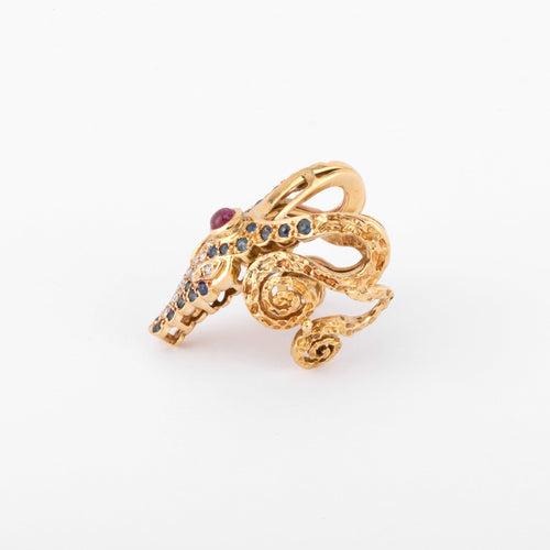 Bague 51 Lalaounis - Bague tête de crocodile en or jaune et saphirs, rubis, diamants 58 Facettes 1