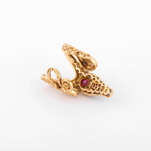 Bague 51 Lalaounis - Bague tête de crocodile en or jaune et saphirs, rubis, diamants 58 Facettes 1