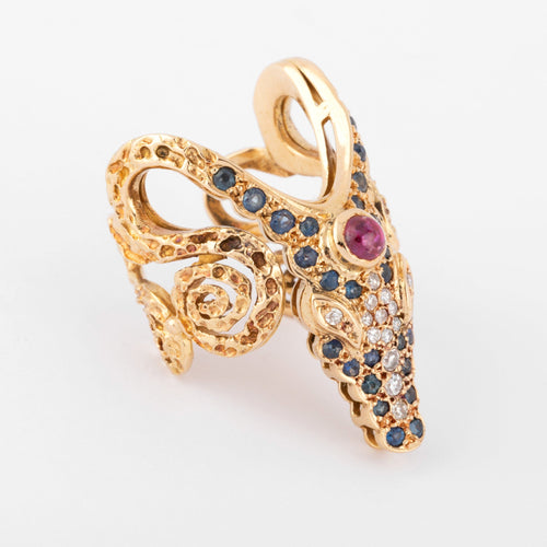 Bague 51 Lalaounis - Bague tête de crocodile en or jaune et saphirs, rubis, diamants 58 Facettes 1
