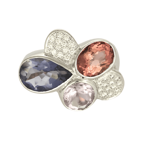 Bague 53 Bague moderniste en or gris, diamants, tourmaline rose et améthystes 58 Facettes DV20595-3