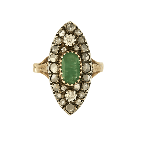 Bague 55 Bague marquise en or jaune, argent, diamants et émeraude 58 Facettes DV21134-2