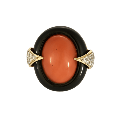 Bague 49 Bague cocktail en or jaune, corail et onyx 58 Facettes DV22972-1-49-2