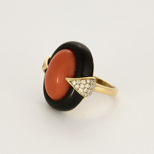 Bague 49 Bague cocktail en or jaune, corail et onyx 58 Facettes DV22972-1-49-2