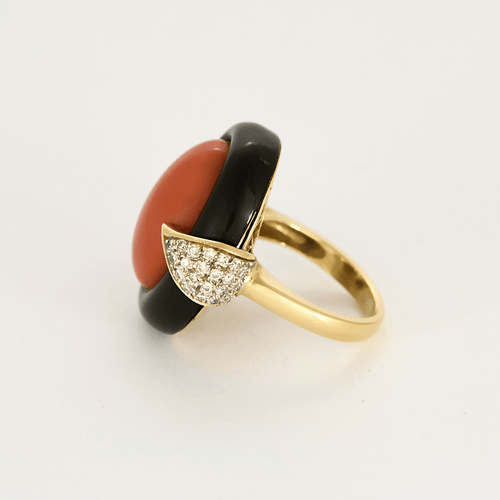 Bague 49 Bague cocktail en or jaune, corail et onyx 58 Facettes DV22972-1-49-2
