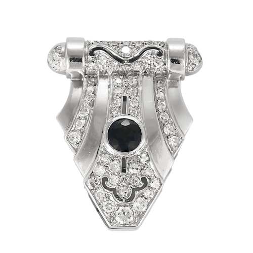 Clip Art Déco en platine, or gris, diamants et saphir
