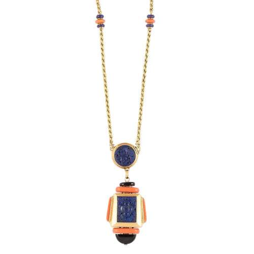 Collier Atelier Georges Lenfant - Collier en or jaune, lapis lazuli, jade, néphrite, corail et onyx 58 Facettes 58FC9