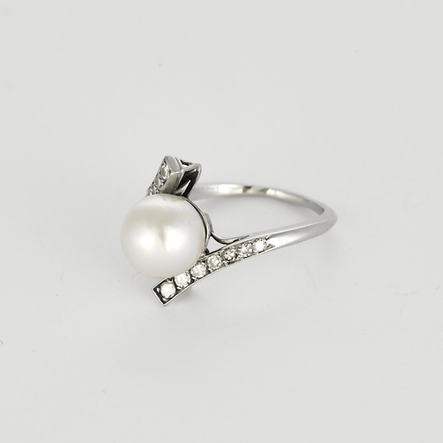 Bague 52 Bague en or gris, perle de culture blanche et diamants 58 Facettes DV22972-35-52-1