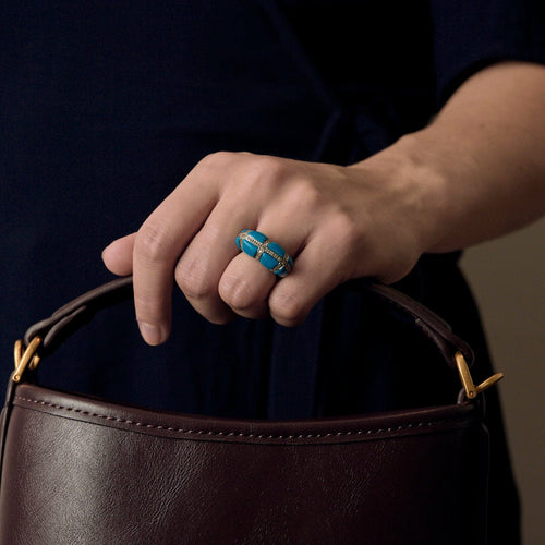 Bague 48 Bague en or gris turquoise et lignes diamants 58 Facettes DV22972-33-48-2