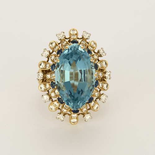 Bague 51 Bague cocktail en or jaune, aigue marine , saphirs et diamants 58 Facettes DDV26158-4-51-2