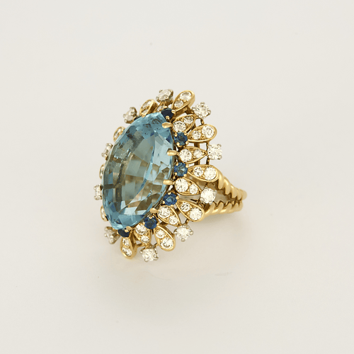 Bague 51 Bague cocktail en or jaune, aigue marine , saphirs et diamants 58 Facettes DDV26158-4-51-2
