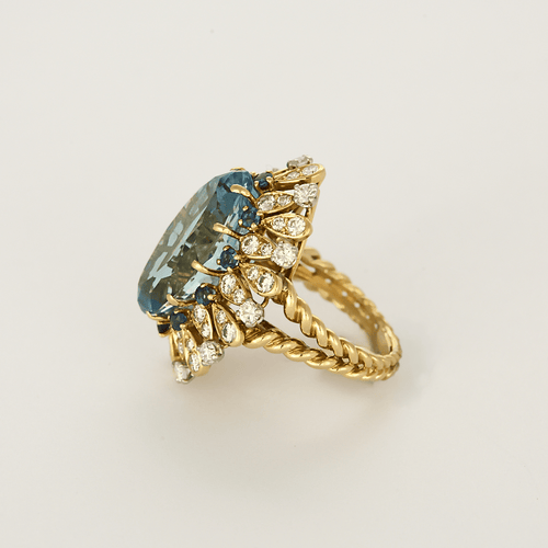 Bague 51 Bague cocktail en or jaune, aigue marine , saphirs et diamants 58 Facettes DDV26158-4-51-2
