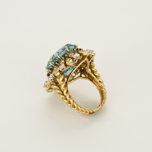 Bague 51 Bague cocktail en or jaune, aigue marine , saphirs et diamants 58 Facettes DDV26158-4-51-2