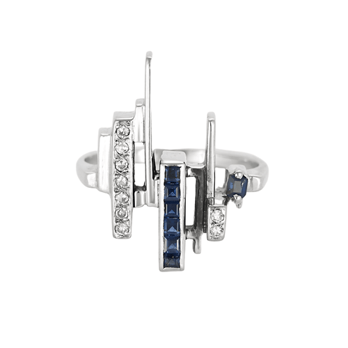 Bague 52 Bague moderniste en or gris, diamants et saphirs calibrés 58 Facettes DV27468-34-52-1
