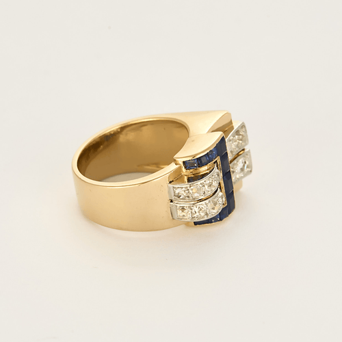 Bague 54.5 Bague Tank en or jaune, platine, diamants et saphirs de synthèse 58 Facettes DV27468-20-545-2