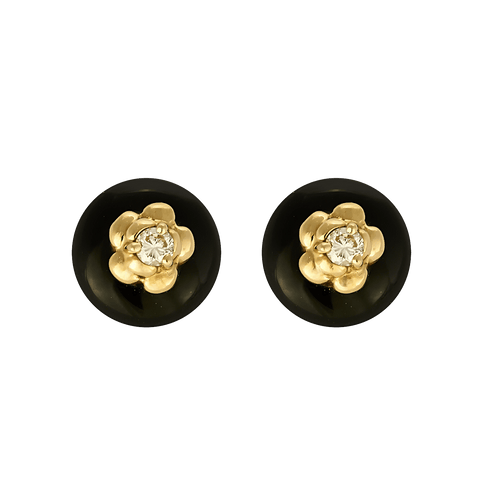 Pendentif Chanel - Camélia - Paire de boutons d'oreilles en or jaune, onyx et diamants. Vintage. 58 Facettes DV28077-3