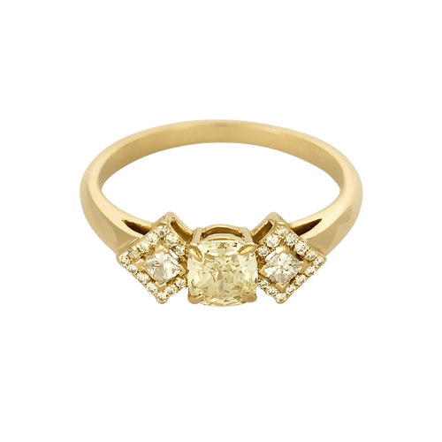 Bague Bague type solitaire en or jaune, diamant natural fancy yellow 0.79 carat et petits diamants blancs 58 Facettes DV28537-1-54-3