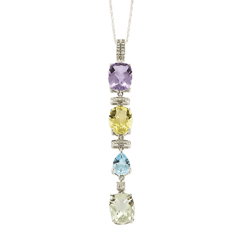 Collier Collier en or gris et pendentif 14K diamants, améthyste, quartz et topaze bleu 58 Facettes DV16843-16