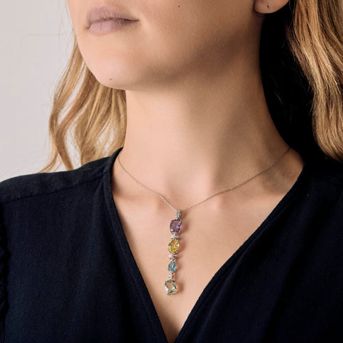 Collier Collier en or gris et pendentif 14K diamants, améthyste, quartz et topaze bleu 58 Facettes DV16843-16