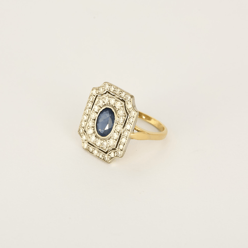 45 Bague en or jaune et or gris, saphirs et diamants. Style Art Déco. 58 Facettes DV26158-14