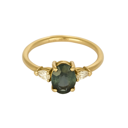 Bague en Or jaune, Saphir Teal : 1,40 carat et Diamants