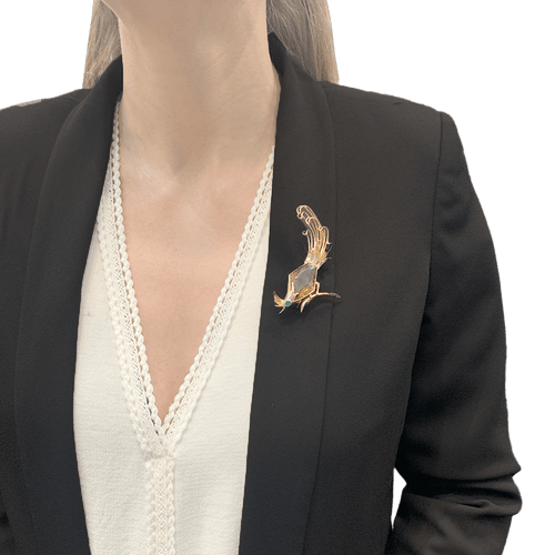 Broche Broche vintage Oiseau de Paradis en or rose avec citrine et émeraude 58 Facettes 34097