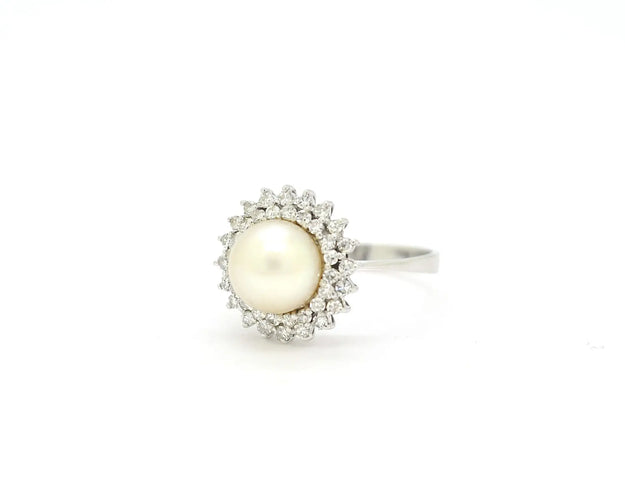 Bague Bague double rangée en or blanc avec perle et diamants 58 Facettes 13377