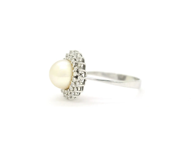 Bague Bague double rangée en or blanc avec perle et diamants 58 Facettes 13377