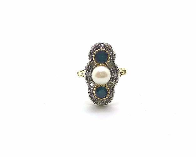 Bague Bague en or jaune 18 ct et argent avec perle, saphirs et diamants 58 Facettes 6491