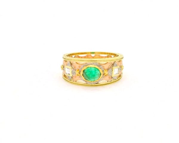Bague Bague en or jaune et rose avec émeraude cabochon 1 ct et diamants 58 Facettes 8115
