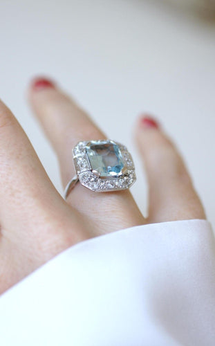 Bague 58 Bague Art Déco octogonale en or blanc 18k, aigue-marine et diamants 58 Facettes