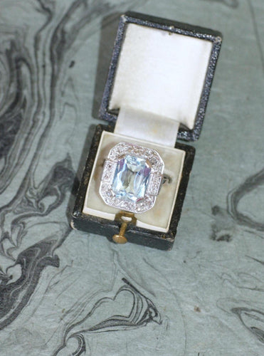 Bague 58 Bague Art Déco octogonale en or blanc 18k, aigue-marine et diamants 58 Facettes