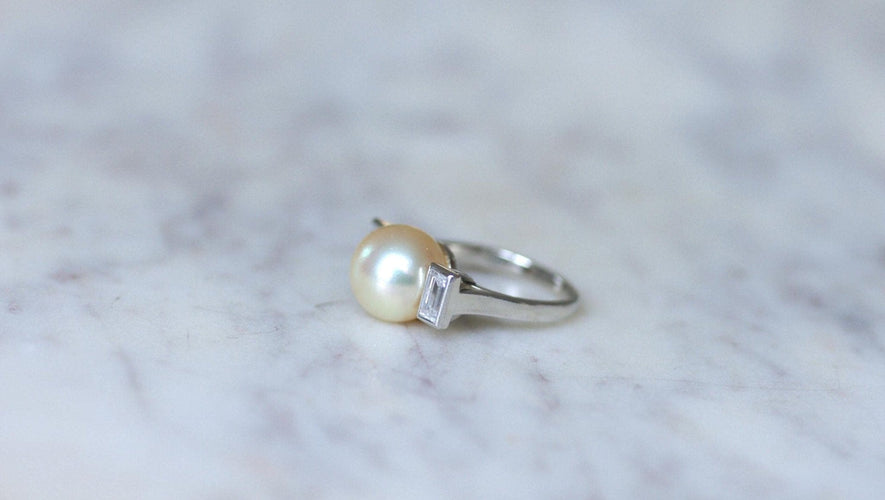 Bague 47.5 Bague Art Déco perle de culture en platine et diamants baguette 58 Facettes