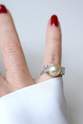 Bague 47.5 Bague Art Déco perle de culture en platine et diamants baguette 58 Facettes