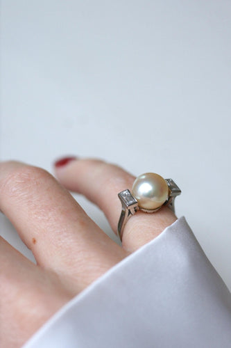 Bague 47.5 Bague Art Déco perle de culture en platine et diamants baguette 58 Facettes