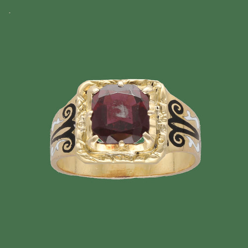 Bague 54 Bague chevalière Napoléon III en or jaune 18K avec émail et grenat, taille 54 58 Facettes FB10425