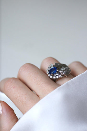 Bague 53.5 Bague cocktail en argent et palladium, saphir de Ceylan et diamants 58 Facettes
