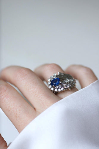 Bague 53.5 Bague cocktail en argent et palladium, saphir de Ceylan et diamants 58 Facettes
