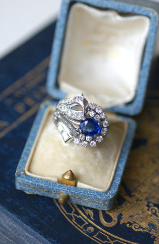 Bague 53.5 Bague cocktail en argent et palladium, saphir de Ceylan et diamants 58 Facettes