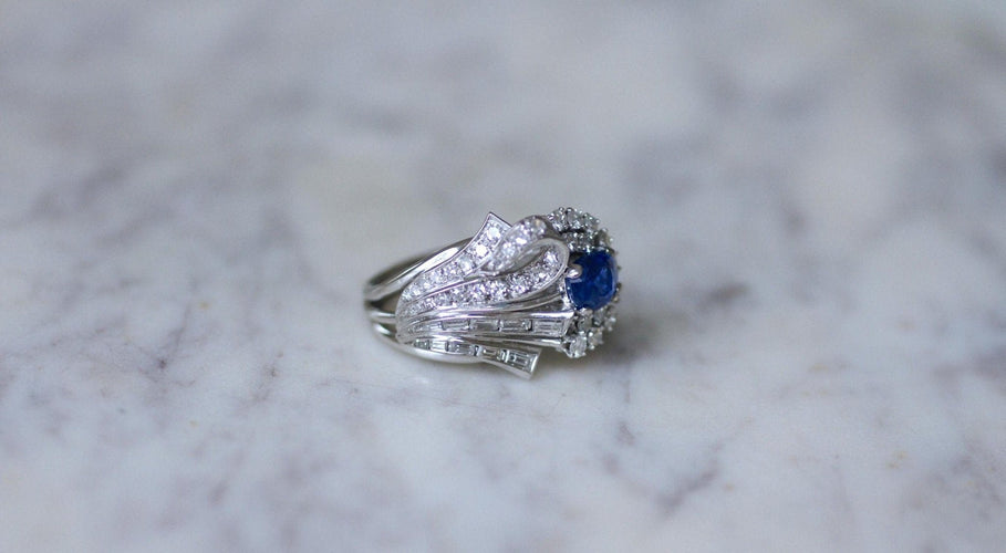 Bague 53.5 Bague cocktail en argent et palladium, saphir de Ceylan et diamants 58 Facettes