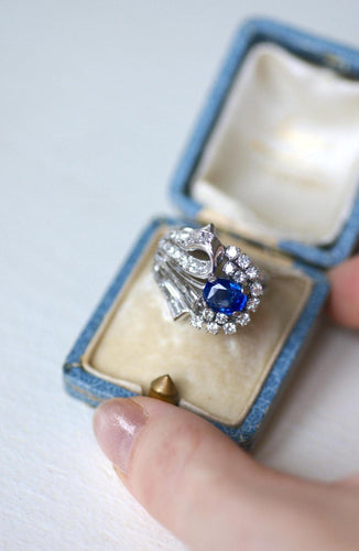 Bague 53.5 Bague cocktail en argent et palladium, saphir de Ceylan et diamants 58 Facettes