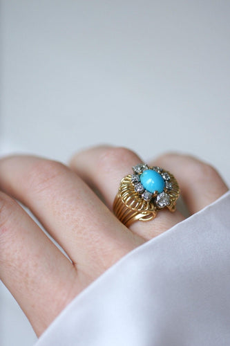 Bague 52.5 Bague cocktail cabochon turquoise en or jaune 18kt et diamants 58 Facettes