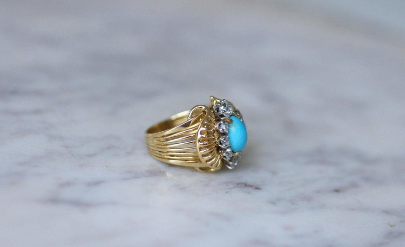 Bague 52.5 Bague cocktail cabochon turquoise en or jaune 18kt et diamants 58 Facettes
