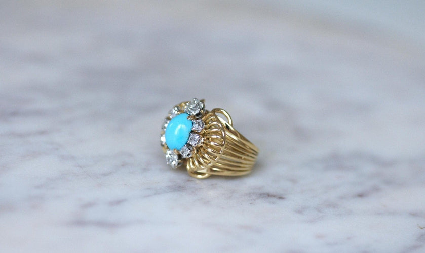 Bague 52.5 Bague cocktail cabochon turquoise en or jaune 18kt et diamants 58 Facettes