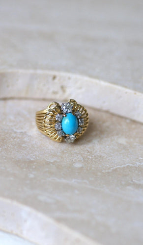 Bague 52.5 Bague cocktail cabochon turquoise en or jaune 18kt et diamants 58 Facettes