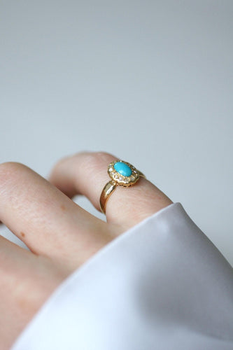 Bague 47 Bague marguerite cabochon turquoise en or jaune 18kt et diamants 58 Facettes