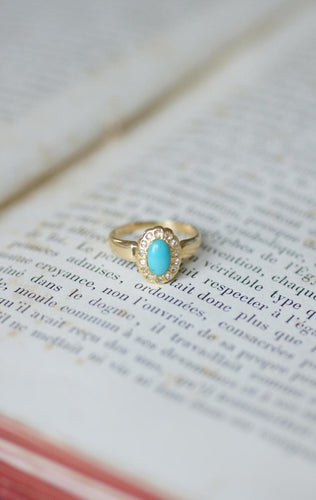 Bague 47 Bague marguerite cabochon turquoise en or jaune 18kt et diamants 58 Facettes