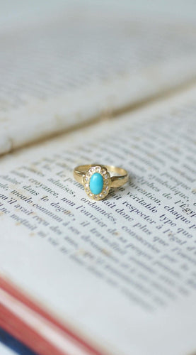 Bague 47 Bague marguerite cabochon turquoise en or jaune 18kt et diamants 58 Facettes