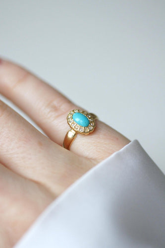 Bague 47 Bague marguerite cabochon turquoise en or jaune 18kt et diamants 58 Facettes